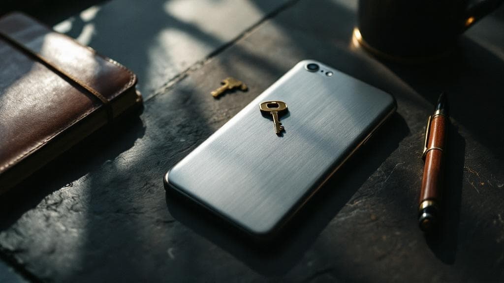 A brushed aluminum smartphone lies face-down on a slate desk with a small brass key resting on top, an open leather notebook and fountain pen beside it.