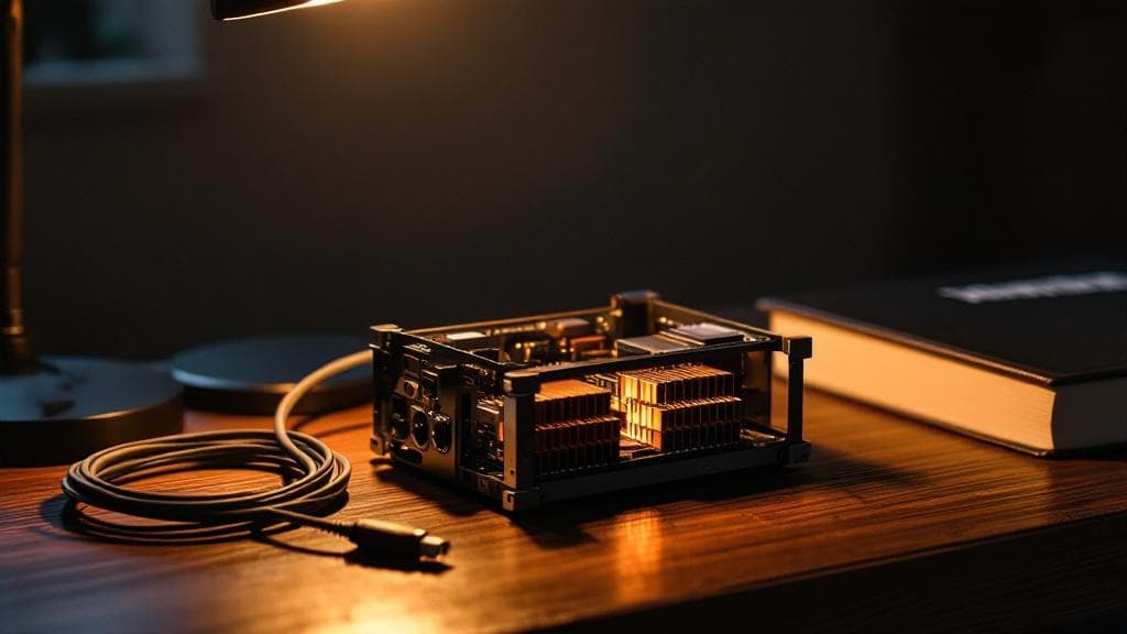 A custom-built mini ITX server with copper heatsinks beside a coiled fiber optic cable and a Linux administration book on dark walnut.