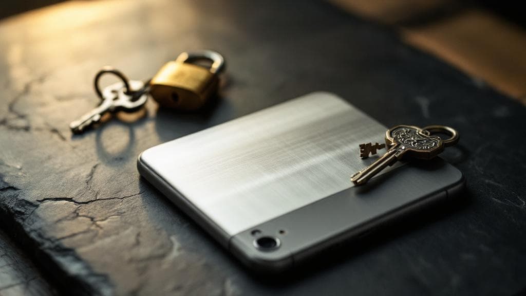 A brushed aluminum smartphone lies face-down on a slate desk with a small brass padlock and vintage key resting on its back.