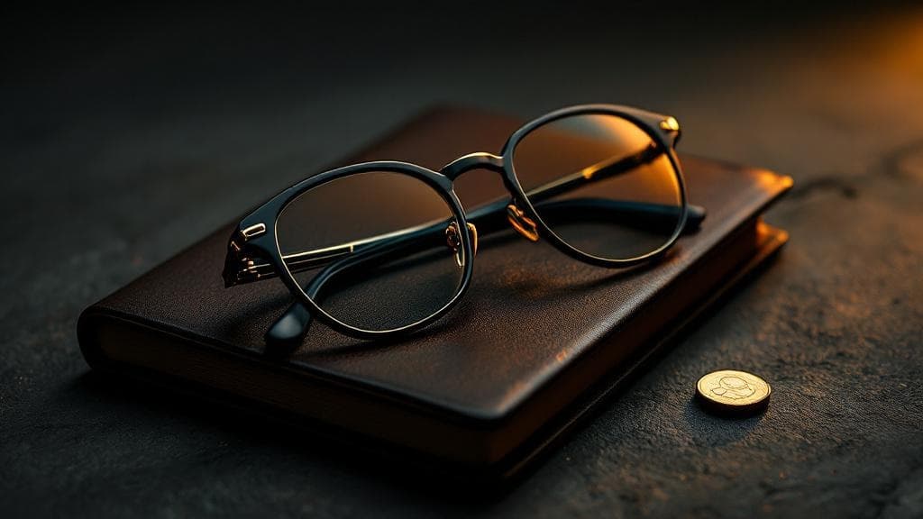 A pair of folded matte-black eyeglasses with gold hinges rests on a closed leather notebook beside a small brass coin in warm rim light.