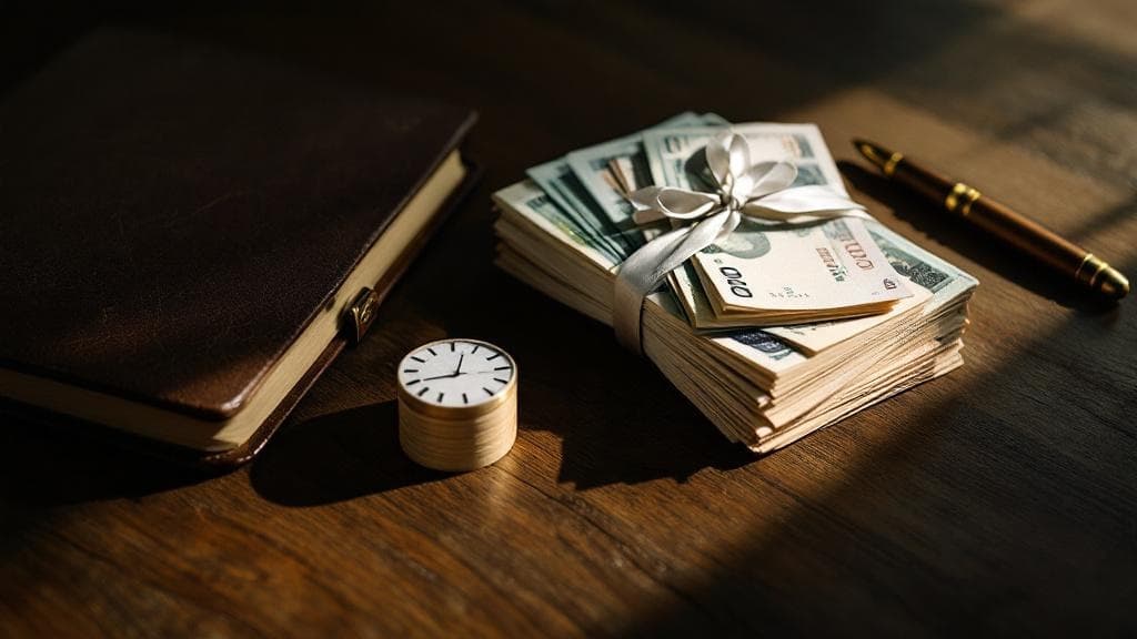 Stacks of folded banknotes tied with a silk ribbon rest beside a closed leather portfolio and a vintage fountain pen on dark walnut.