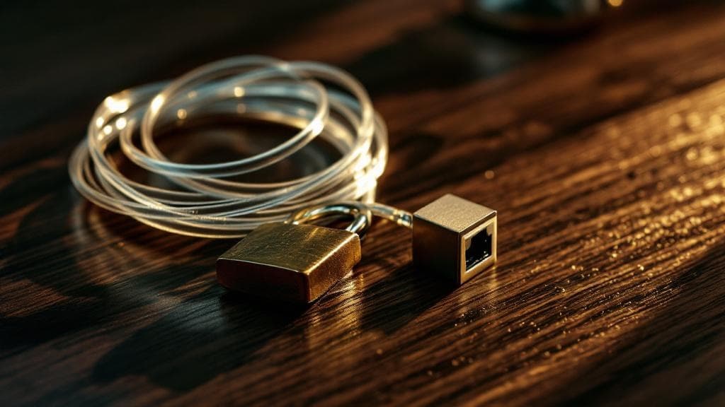 A coiled fiber optic cable rests beside a brass padlock with its shackle open and a brushed steel ethernet jack on dark walnut.