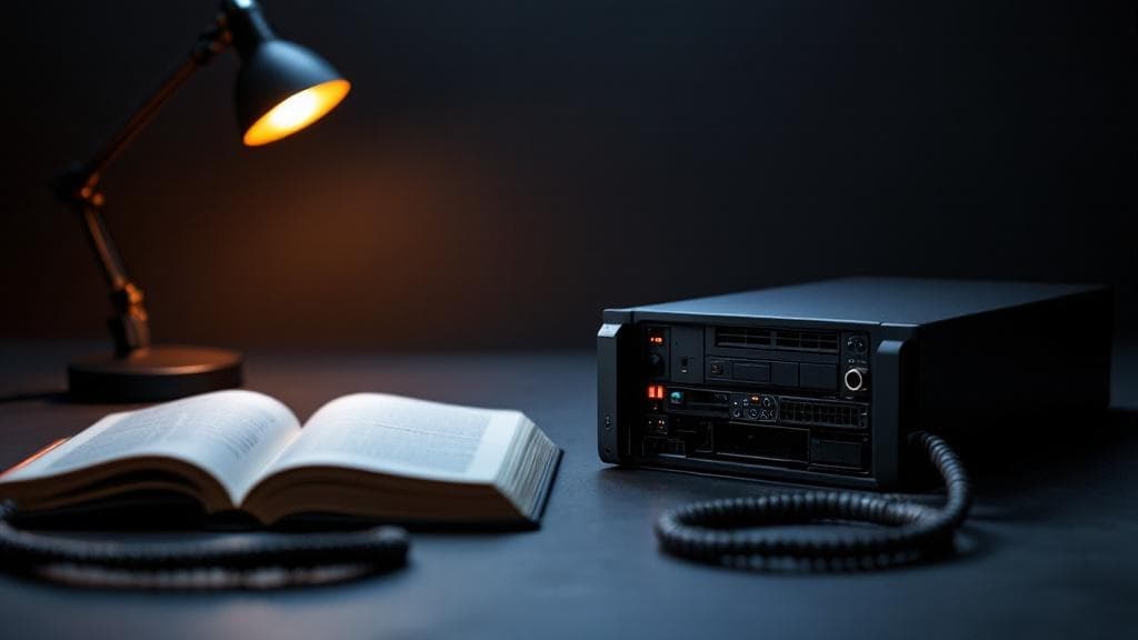A 1U rackmount server with its front bezel removed sits beside a coiled ethernet cable and a hardcover Linux kernel reference book, lit by a single warm desk lamp.
