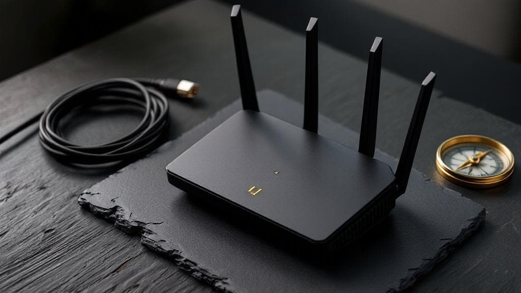 A matte-black router with antennas folded down rests beside a coiled cat 8 ethernet cable and a brass compass on dark slate.