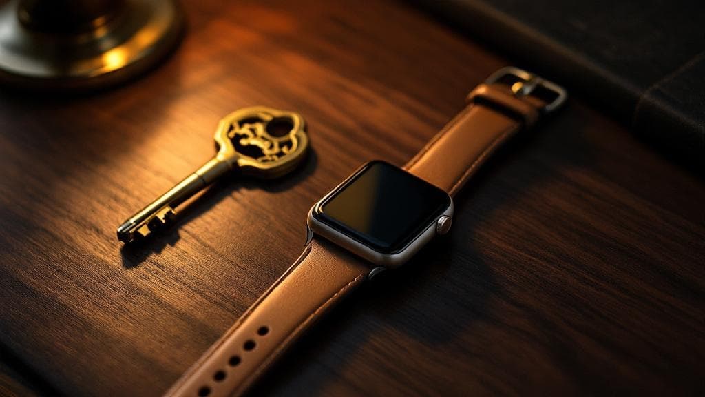 A brushed aluminum smartwatch on a tan leather strap rests beside a brass key on dark walnut in warm executive lamplight.