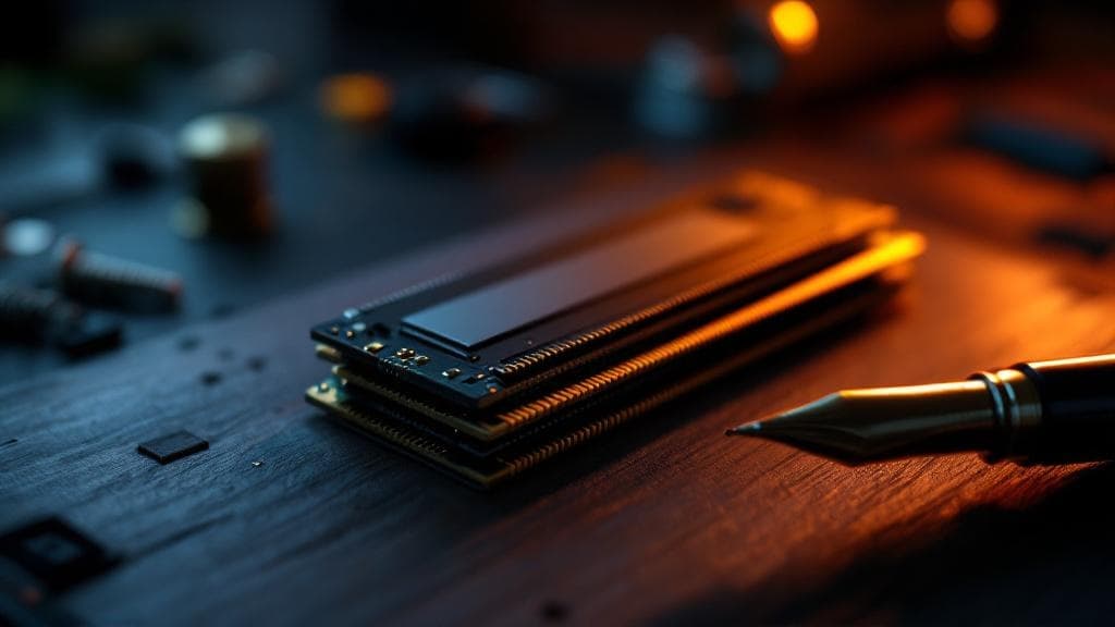 A stack of bare DDR5 memory modules with gold contacts catches warm light on dark walnut, with a brass screw and fountain pen alongside.