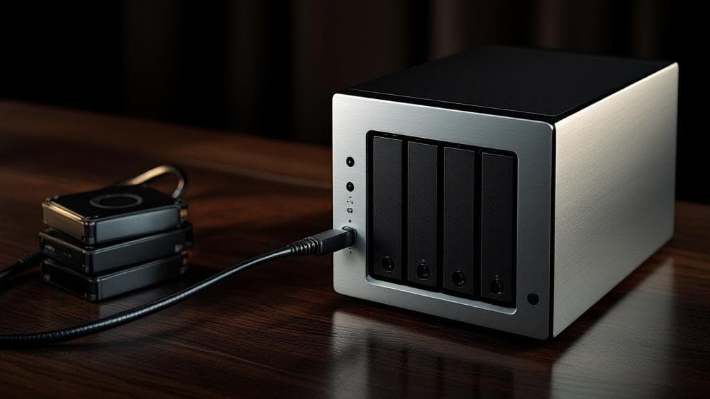 A brushed steel four-bay NAS enclosure with drive trays partly visible sits beside a stack of three hard drives on dark walnut.