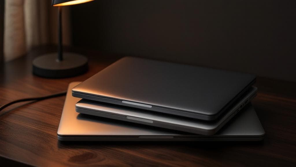 Three minimalist laptops stack at slight offsets on dark walnut beside a coiled USB-C cable in warm desk lamp light.