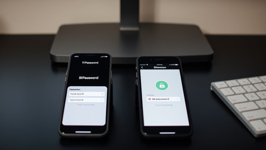1Password and Bitwarden app interfaces side by side on desktop and mobile screens