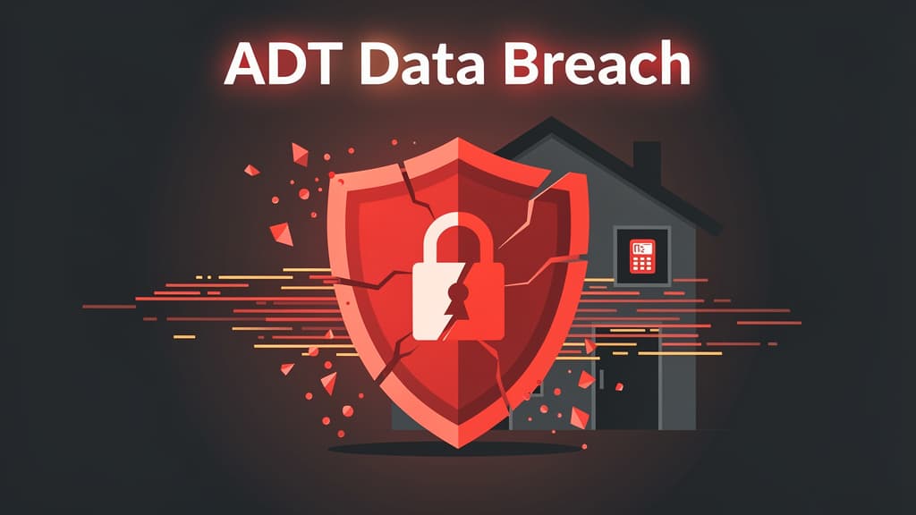 ADT logo on a darkened smart home control panel — editorial illustration of the 2026 data breach disclosure