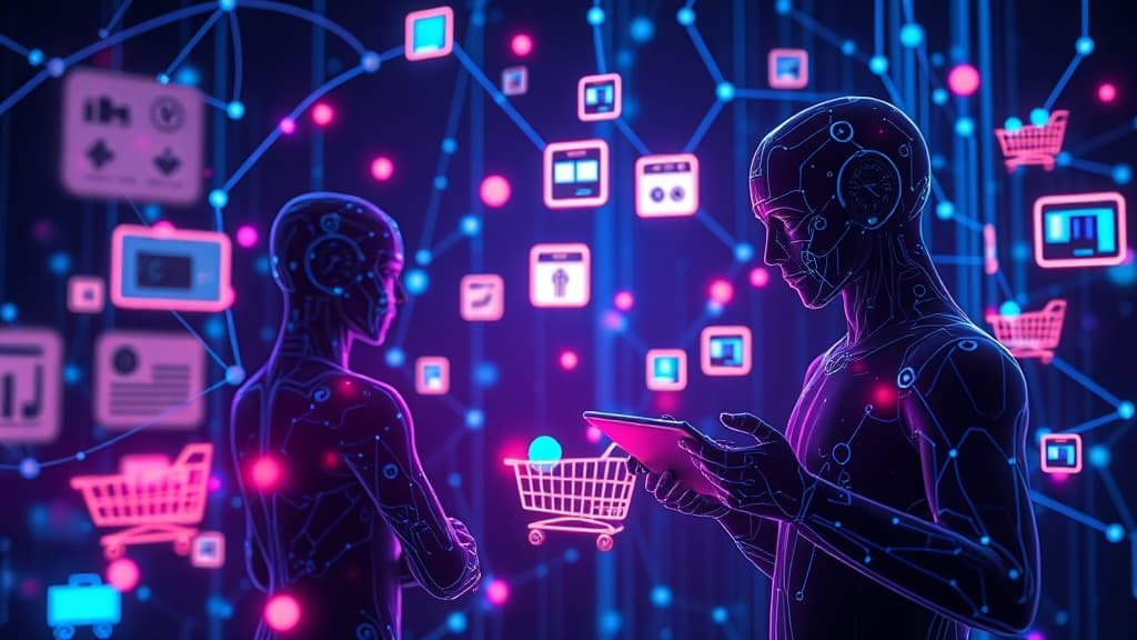 Abstract visualization of AI shopping agents browsing and purchasing products online