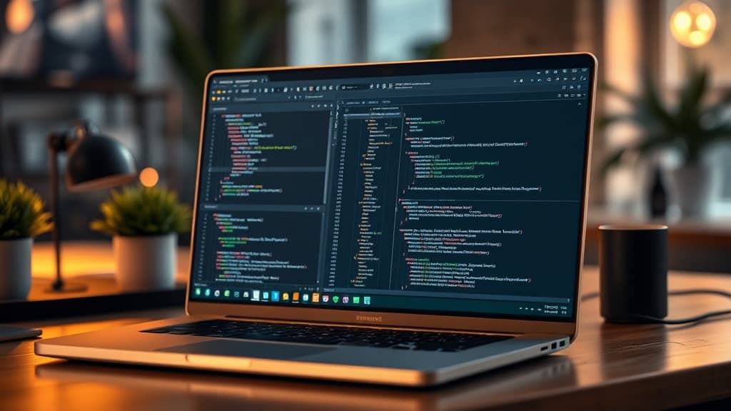 Developer workstation showing an AI coding agent running alongside a code editor on a modern laptop