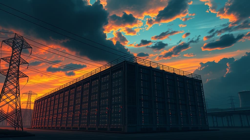 Massive AI data center facility with cooling towers and power lines at dusk