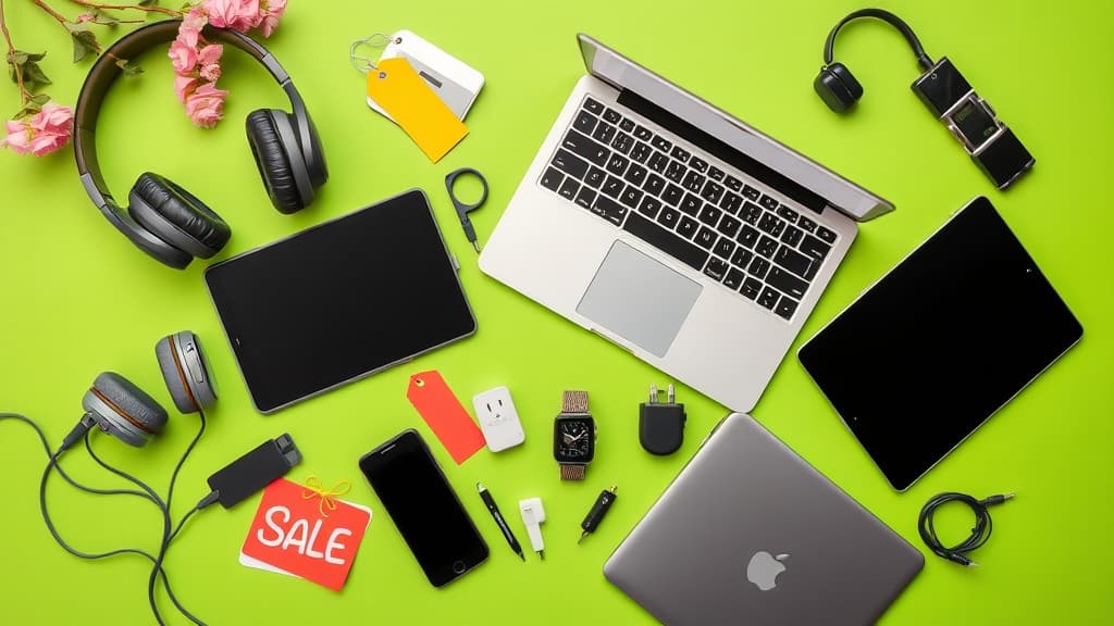 A collection of tech products including laptops, headphones, and smart home devices arranged on a spring-themed background