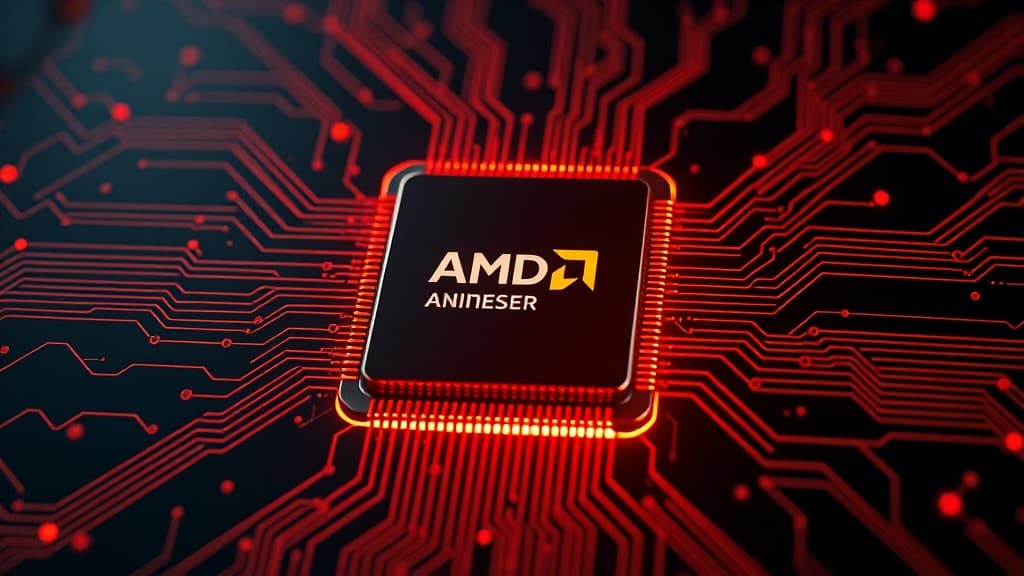 AMD Ryzen AI 400 series processor chip on a circuit board with AI visualization overlay