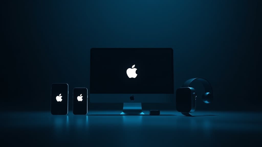 A lineup of Apple devices including iPhones, MacBooks, iPads, and Apple Watch arranged on a gradient background