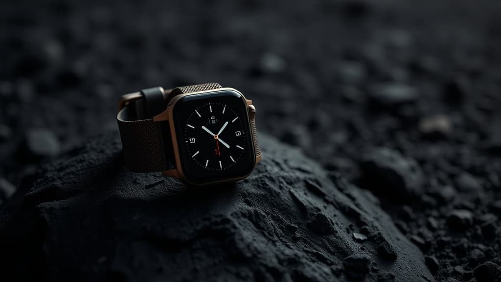 Apple Watch Ultra 3 in natural titanium on a dark rugged surface