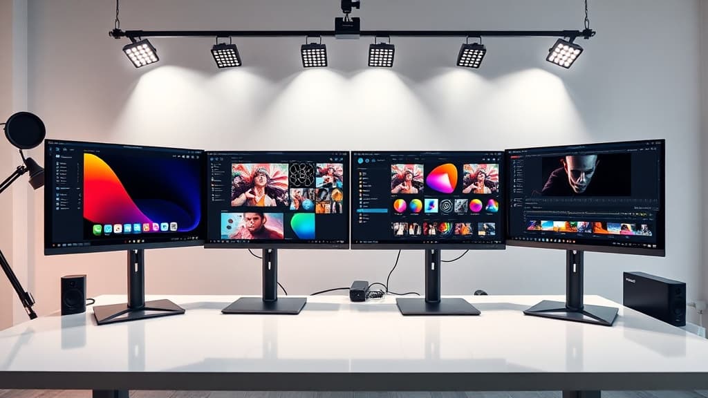 Four professional 4K monitors side by side for creator comparison 2026