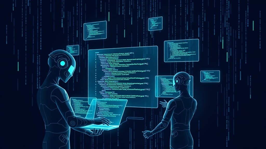 Developer team collaborating with AI coding agents on multiple monitors