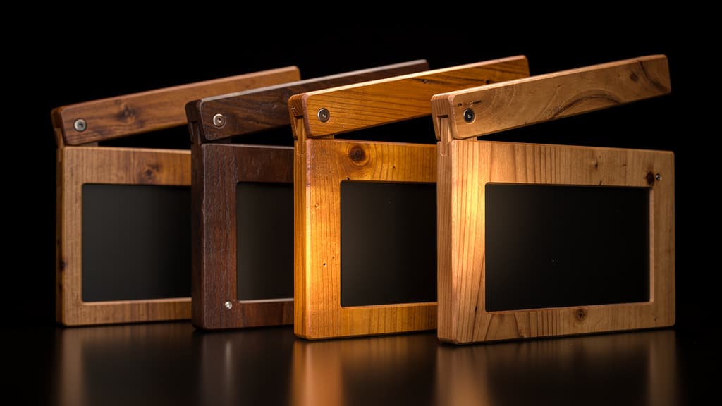 A row of cinema clapperboards arranged on a black studio backdrop