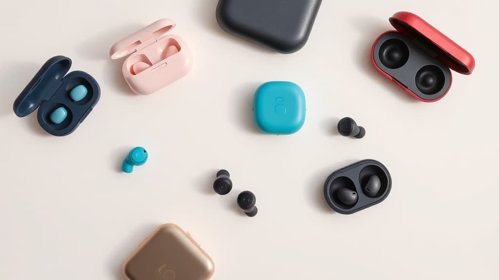 Five budget wireless earbuds under $100 arranged on a desk for comparison
