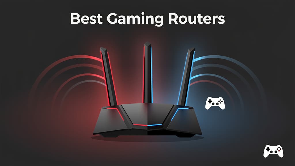 Editorial still life of seven gaming routers arranged on a dark desk, RGB glow accents, console controllers and an Ethernet patch cable in the foreground, dramatic side light