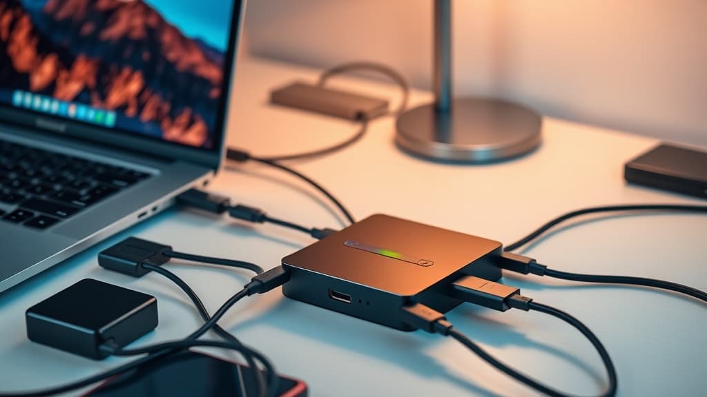 USB-C docking station connected to a laptop with multiple monitors and peripherals