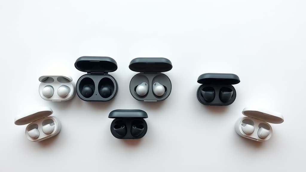 Five wireless earbuds lined up on a desk for comparison testing