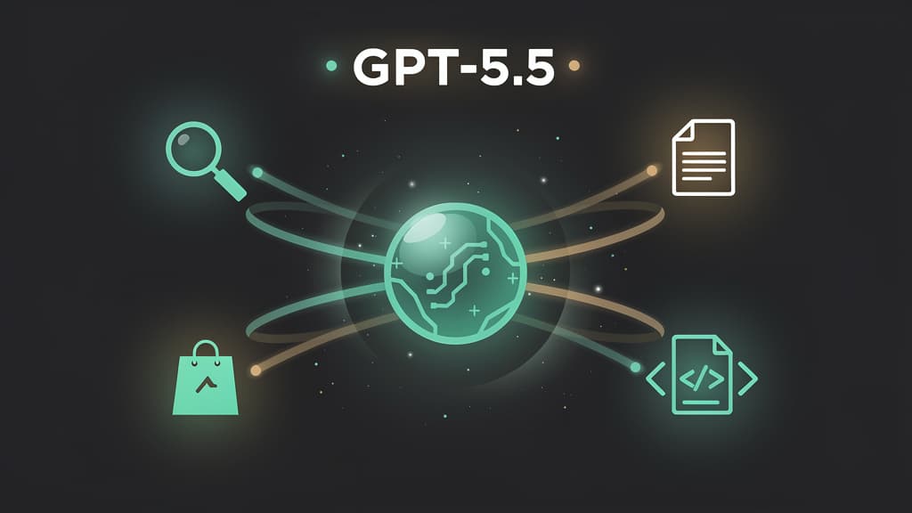 OpenAI GPT-5.5 launch — editorial illustration of a glowing AI agent core with task workflows orbiting around it