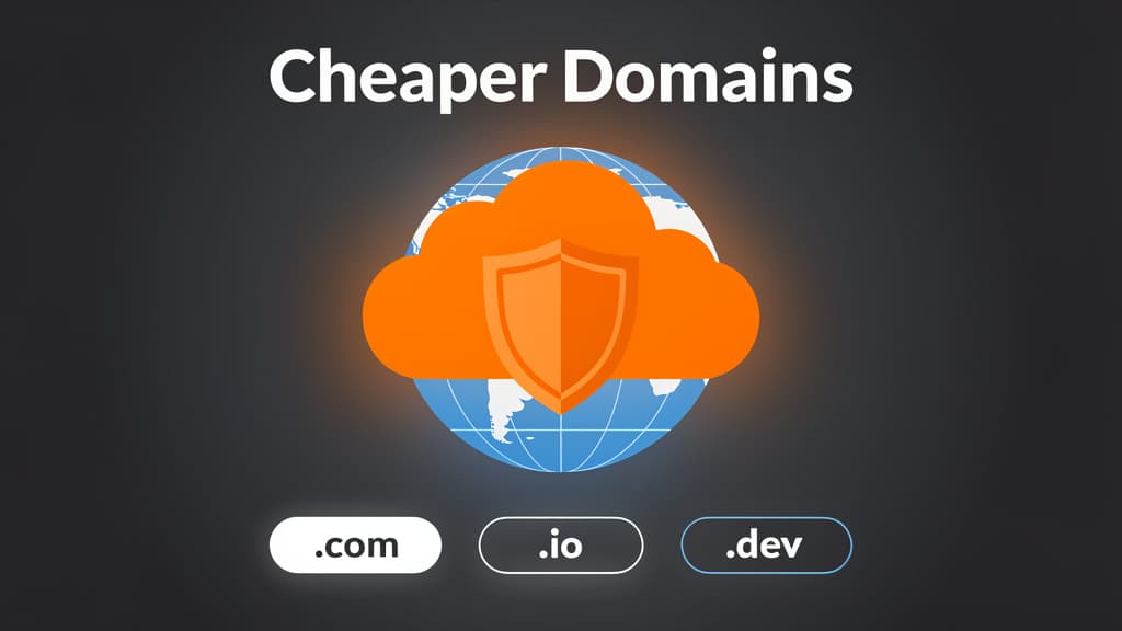 Cloudflare orange shield icon and a globe with domain extension chips — illustration of the 2026 registrar API launch