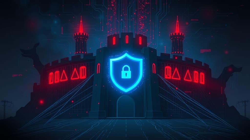 A digital shield surrounded by data streams representing cybersecurity defenses against AI-powered threats in 2026