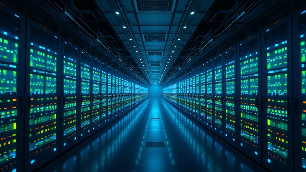 Massive data center facility with rows of GPU servers powering AI workloads