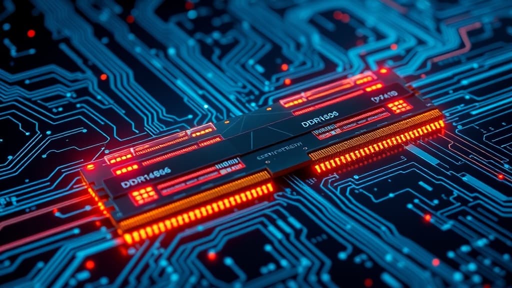 DDR6 RAM module concept render on a motherboard