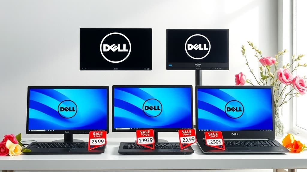 Dell and Alienware laptops and monitors arranged for a spring sale promotion
