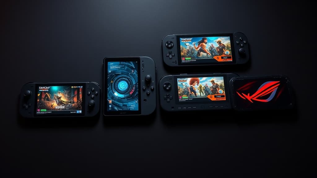 Four gaming handhelds lined up on a desk showing different games