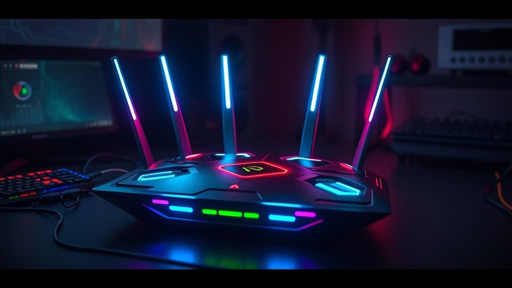 High-performance gaming router on a desk for low-latency networking
