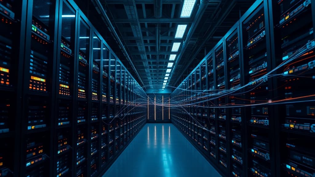 Editorial illustration of a modern cloud data center with orchestration and control plane visualization