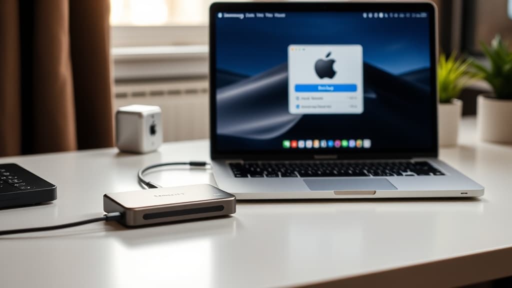 MacBook Pro connected to an external drive and a backup status screen showing macOS Tahoe Time Machine