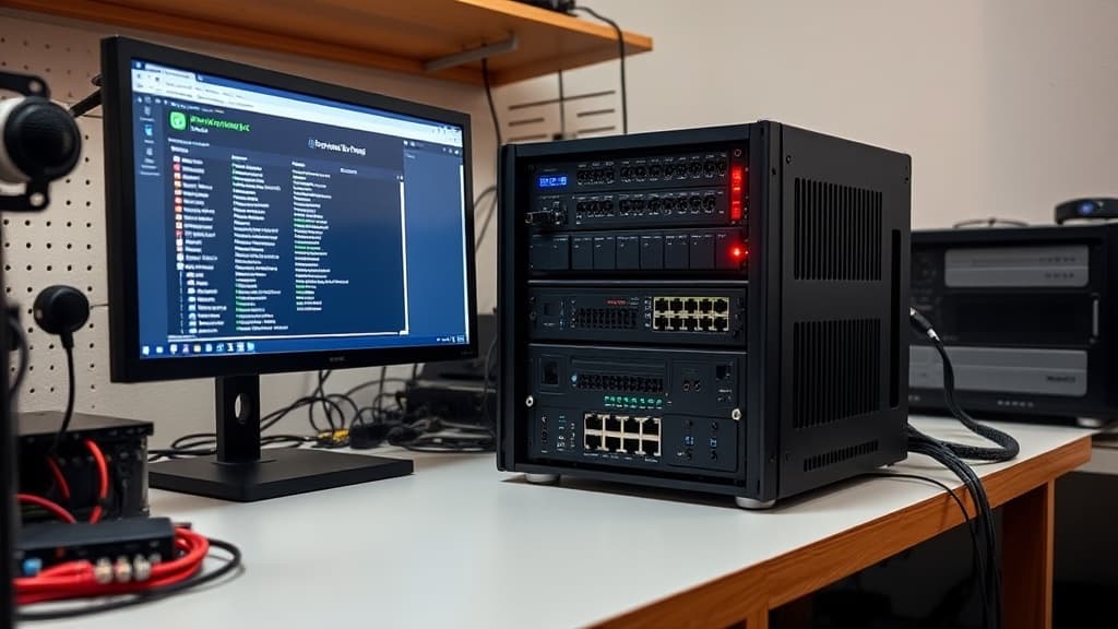 A Proxmox VE home server on a workbench with networking gear and a monitor showing the web dashboard