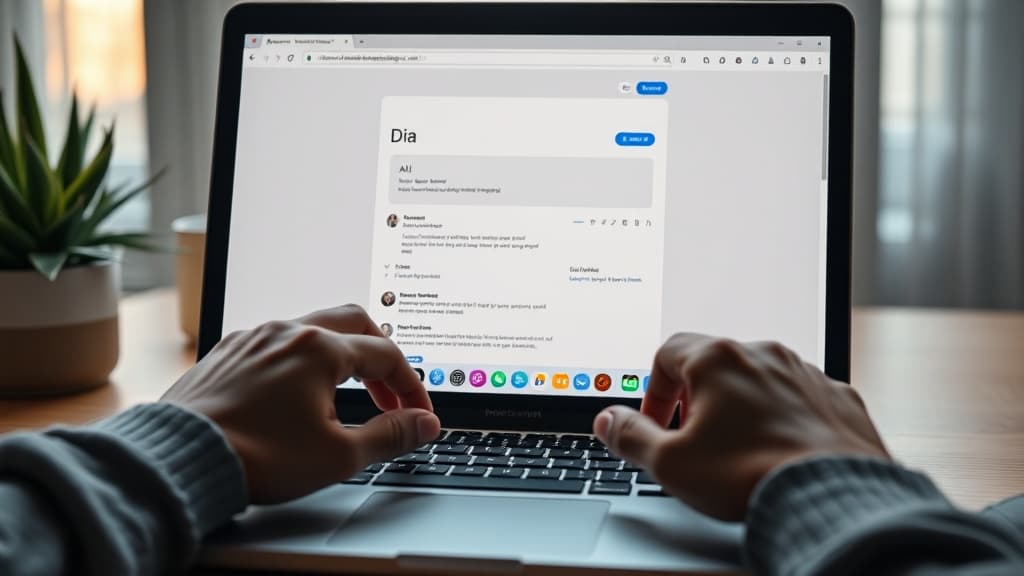 Dia browser open on a MacBook showing the AI chat interface in the URL bar with a clean sidebar