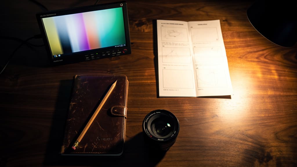 A film director's monitor with a storyboard, lens, and notepad on a wooden desk