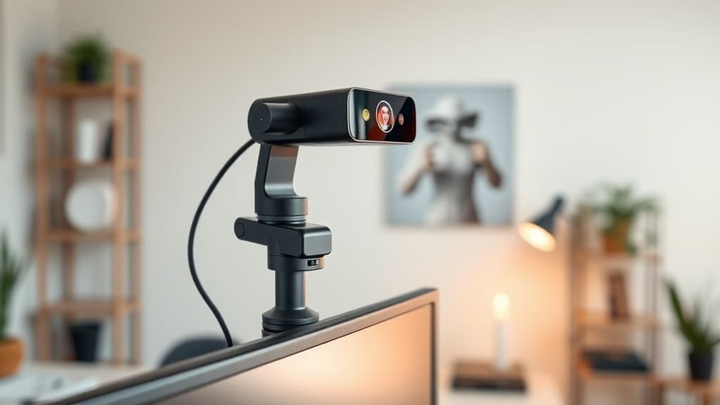 Insta360 Link 2 Pro webcam mounted on a monitor showing the gimbal tracking mechanism