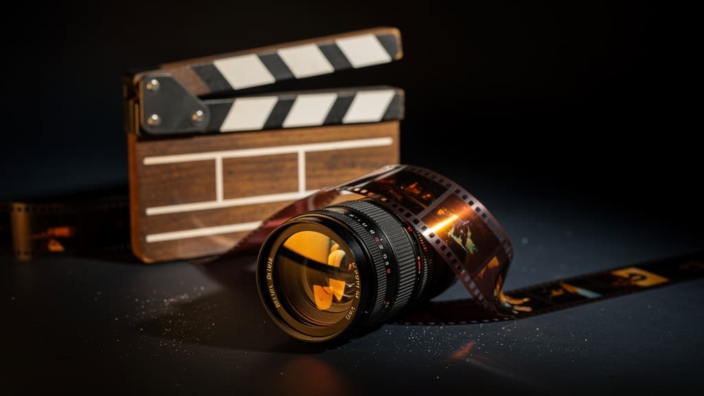 A cinematic still life with a clapperboard, lens, and color-graded film strip