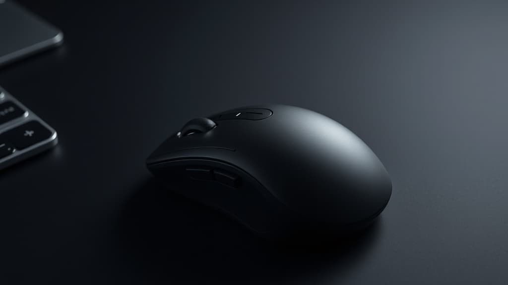 Logitech MX Master 4 mouse on a dark desk with the scroll wheel and thumb controls visible, editorial product photography