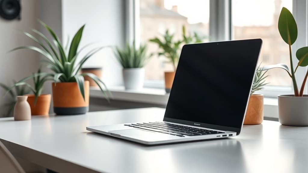 MacBook Air M5 laptop open on a clean desk showing the Liquid Retina display