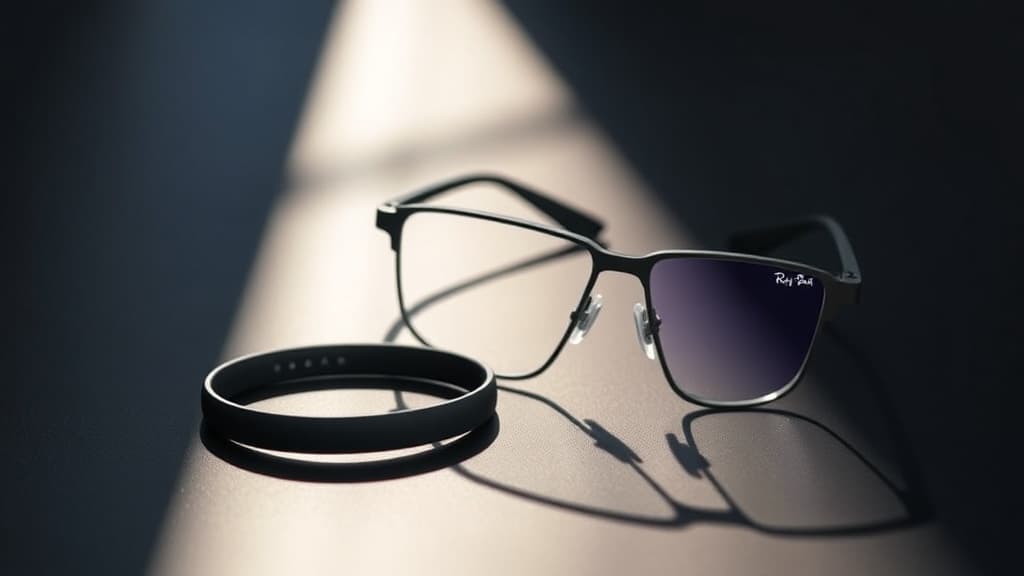 Meta Ray-Ban Display smart glasses on a minimal dark surface with the Neural Band wristband alongside