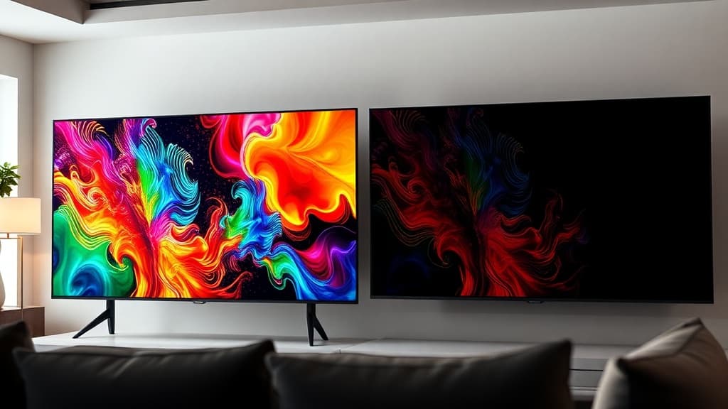Side-by-side comparison of a Micro RGB TV and an OLED TV displaying vivid HDR content