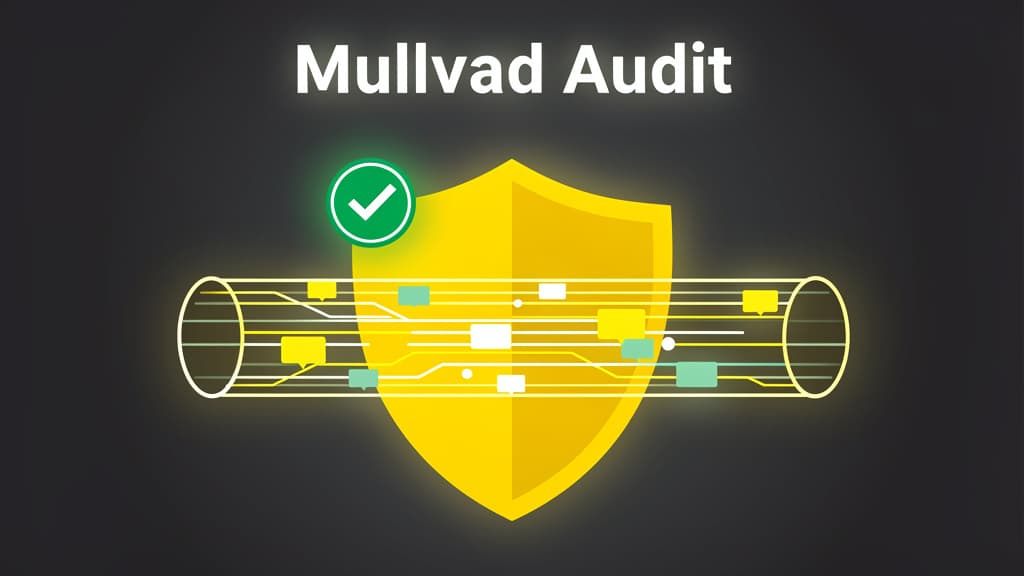 Mullvad shield icon with a glowing tunnel and audit checkmark — illustration of the 2026 GotaTun protocol audit