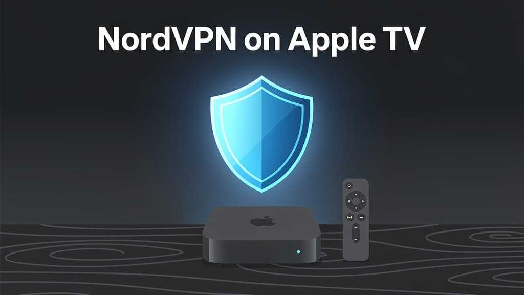 Apple TV box on a media console with the NordVPN tvOS app open on a connected television, neutral evening lighting