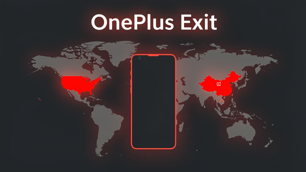 OnePlus phone silhouette dimming behind a world map with the US, UK, and EU greyed out — illustration of OnePlus exiting Western markets in 2026